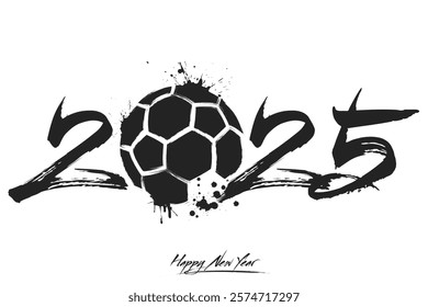 Numbers 2025 and a abstract handball ball made of blots in grunge style. Design text logo Happy New Year 2025. Template for greeting card, banner, poster. Vector illustration on isolated background