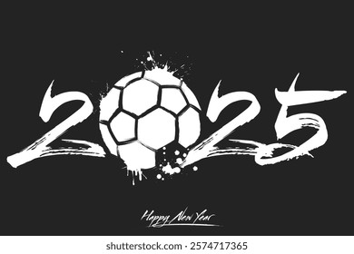 Numbers 2025 and a abstract handball ball made of blots in grunge style. Design text logo Happy New Year 2025. Template for greeting card, banner, poster. Vector illustration on isolated background