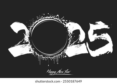 Numbers 2025 and a abstract hockey puck made of blots in grunge style. Design text logo Happy New Year 2025. Template for greeting card, banner, poster. Vector illustration on isolated background