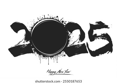 Numbers 2025 and a abstract hockey puck made of blots in grunge style. Design text logo Happy New Year 2025. Template for greeting card, banner, poster. Vector illustration on isolated background