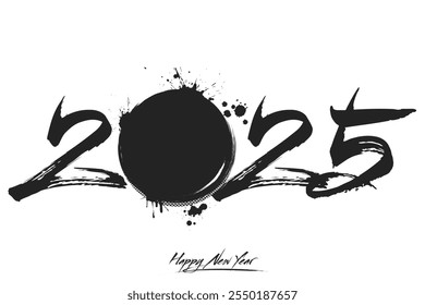 Numbers 2025 and a abstract hockey puck made of blots in grunge style. Design text logo Happy New Year 2025. Template for greeting card, banner, poster. Vector illustration on isolated background