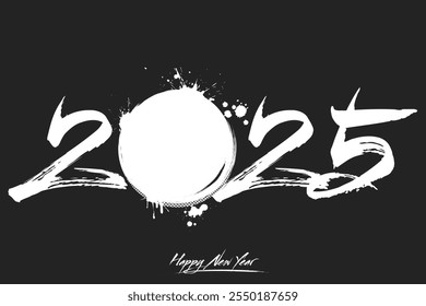 Numbers 2025 and a abstract hockey puck made of blots in grunge style. Design text logo Happy New Year 2025. Template for greeting card, banner, poster. Vector illustration on isolated background