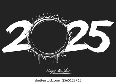 Numbers 2025 and a abstract hockey puck made of blots in grunge style. Design text logo Happy New Year 2025. Template for greeting card, banner, poster. Vector illustration on isolated background