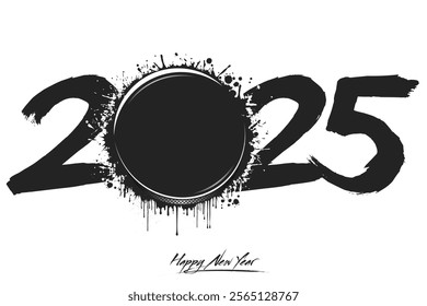 Numbers 2025 and a abstract hockey puck made of blots in grunge style. Design text logo Happy New Year 2025. Template for greeting card, banner, poster. Vector illustration on isolated background