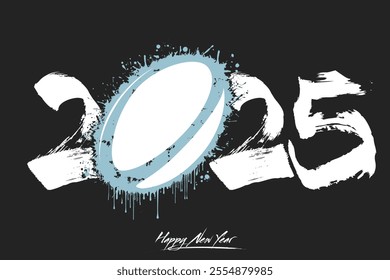 Numbers 2025 and a abstract rugby ball made of blots in grunge style. Design text logo Happy New Year 2025. Template for greeting card, banner, poster. Vector illustration on isolated background