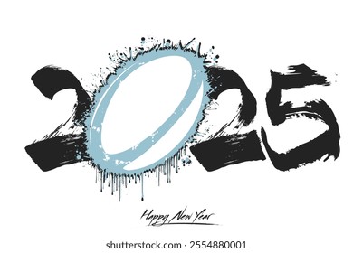 Numbers 2025 and a abstract rugby ball made of blots in grunge style. Design text logo Happy New Year 2025. Template for greeting card, banner, poster. Vector illustration on isolated background