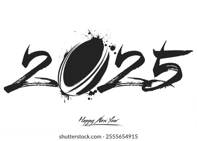 Numbers 2025 and a abstract rugby ball made of blots in grunge style. Design text logo Happy New Year 2025. Template for greeting card, banner, poster. Vector illustration on isolated background