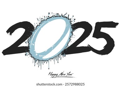 Numbers 2025 and a abstract rugby ball made of blots in grunge style. Design text logo Happy New Year 2025. Template for greeting card, banner, poster. Vector illustration on isolated background