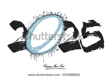 Numbers 2025 and a abstract rugby ball made of blots in grunge style. Design text logo Happy New Year 2025. Template for greeting card, banner, poster. Vector illustration on isolated background