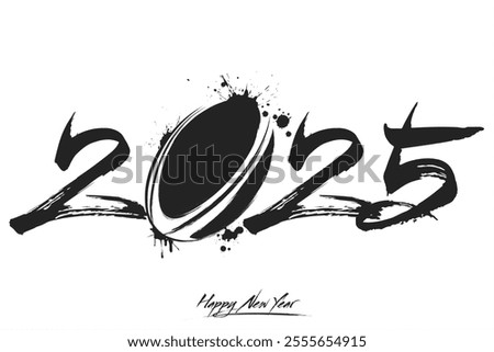 Numbers 2025 and a abstract rugby ball made of blots in grunge style. Design text logo Happy New Year 2025. Template for greeting card, banner, poster. Vector illustration on isolated background