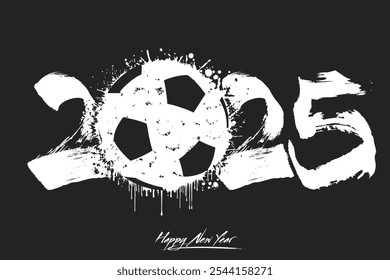 Numbers 2025 and a abstract soccer ball made of blots in grunge style. Design text logo Happy New Year 2025. Template for greeting card, banner, poster. Vector illustration on isolated background