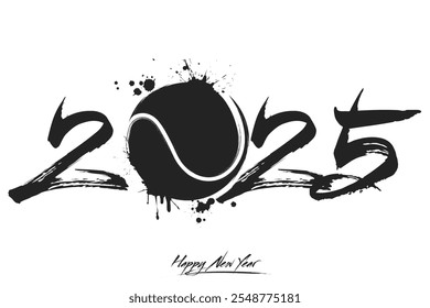 Numbers 2025 and a abstract tennis ball made of blots in grunge style. Design text logo Happy New Year 2025. Template for greeting card, banner, poster. Vector illustration on isolated background