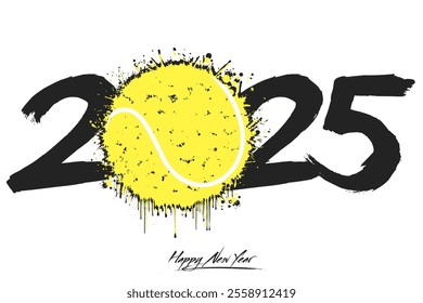 Numbers 2025 and a abstract tennis ball made of blots in grunge style. Design text logo Happy New Year 2025. Template for greeting card, banner, poster. Vector illustration on isolated background