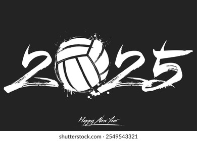 Numbers 2025 and a abstract volleyball ball made of blots in grunge style. Design text logo Happy New Year 2025. Template for greeting card, banner, poster. Vector illustration on isolated background