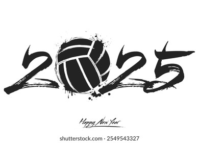 Numbers 2025 and a abstract volleyball ball made of blots in grunge style. Design text logo Happy New Year 2025. Template for greeting card, banner, poster. Vector illustration on isolated background