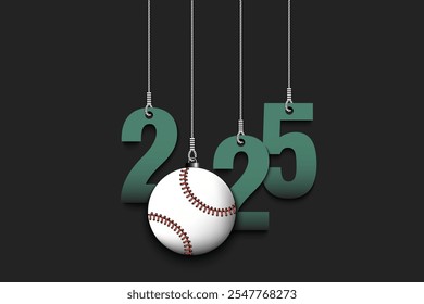 Numbers 2025 and baseball ball as a Christmas decorations are hanging on strings. New Year 2024 are hang on cords. Template design for greeting card. Vector illustration on isolated background