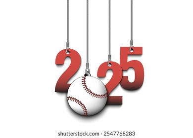 Numbers 2025 and baseball ball as a Christmas decorations are hanging on strings. New Year 2024 are hang on cords. Template design for greeting card. Vector illustration on isolated background