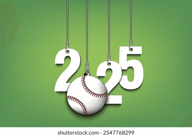 Numbers 2025 and baseball ball as a Christmas decorations are hanging on strings. New Year 2024 are hang on cords. Template design for greeting card. Vector illustration on isolated background