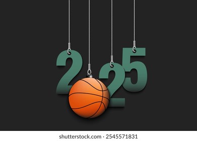 Numbers 2025 and basketball ball as a Christmas decorations are hanging on strings. New Year 2025 are hang on cords. Template design for greeting card. Vector illustration on isolated background