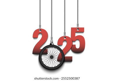 Los números 2025 y la rueda de la bici como decoración navideña cuelgan de cuerdas. El Nuevo año 2025 está colgado de cuerdas. Diseño de la Plantilla para la tarjeta de felicitación. Ilustración vectorial sobre fondo aislado