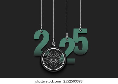 Numbers 2025 and bike wheel as a Christmas decorations are hanging on strings. New Year 2025 are hang on cords. Template design for greeting card. Vector illustration on isolated background