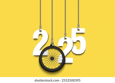 Números 2025 e roda de bicicleta como uma decoração de Natal estão pendurados em cordas. Ano Novo 2025 são pendurados em cordas. Design de modelo para cartão comemorativo. Ilustração vetorial em plano de fundo isolado