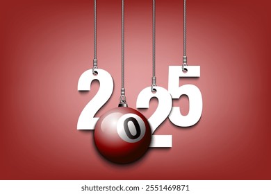 Numbers 2025 and billiard ball as a Christmas decorations are hanging on strings. New Year 2025 are hang on cords. Template design for greeting card. Vector illustration on isolated background