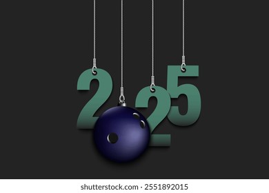 Numbers 2025 and bowling ball as a Christmas decorations are hanging on strings. New Year 2025 are hang on cords. Template design for greeting card. Vector illustration on isolated background