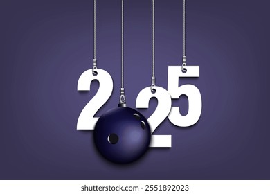 Numbers 2025 and bowling ball as a Christmas decorations are hanging on strings. New Year 2025 are hang on cords. Template design for greeting card. Vector illustration on isolated background