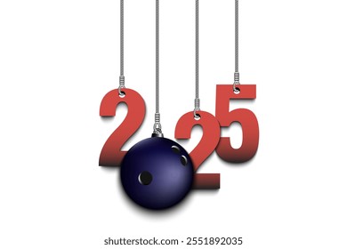 Numbers 2025 and bowling ball as a Christmas decorations are hanging on strings. New Year 2025 are hang on cords. Template design for greeting card. Vector illustration on isolated background