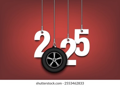 Numbers 2025 and car wheel as a Christmas decorations are hanging on strings. New Year 2025 are hang on cords. Template design for greeting card. Vector illustration on isolated background