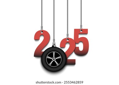 Numbers 2025 and car wheel as a Christmas decorations are hanging on strings. New Year 2025 are hang on cords. Template design for greeting card. Vector illustration on isolated background