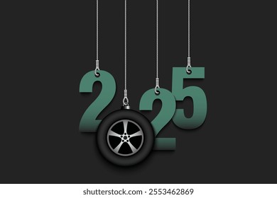 Numbers 2025 and car wheel as a Christmas decorations are hanging on strings. New Year 2025 are hang on cords. Template design for greeting card. Vector illustration on isolated background