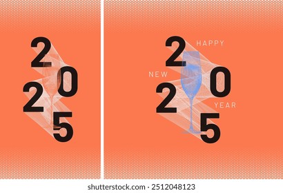 Numbers 2025 connected by lines mesh with halftone sparkling wine glass. Happy New Year sample text. Vector illustration.