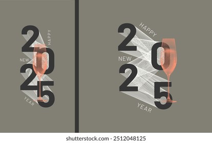 Numbers 2025 connected by lines mesh with halftone sparkling wine glass. Happy New Year sample text. Vector illustration.