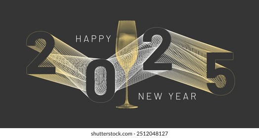 Numbers 2025 connected by lines mesh with halftone sparkling wine glass. Happy New Year sample text. Vector illustration.