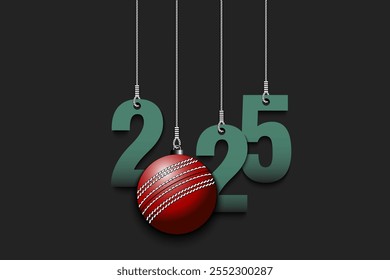 Números 2025 e bola de cricket como uma decoração de Natal estão pendurados em cordas. Ano Novo 2025 são pendurados em cordas. Design de modelo para cartão comemorativo. Ilustração vetorial em plano de fundo isolado