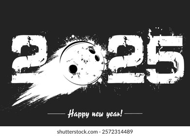 Numbers 2025 and flying abstract bowling ball made from blots with by milky way in grunge style. Happy New Year 2025. Design template for greeting card. Vector illustration on isolated background