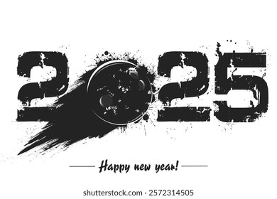 Numbers 2025 and flying abstract bowling ball made from blots with by milky way in grunge style. Happy New Year 2025. Design template for greeting card. Vector illustration on isolated background