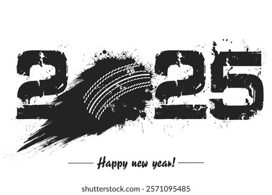 Numbers 2025 and flying abstract cricket ball made from blots with by milky way in grunge style. Happy New Year 2025. Design template for greeting card. Vector illustration on isolated background