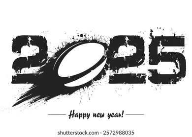 Numbers 2025 and flying abstract rugby ball made from blots with by milky way in grunge style. Happy New Year 2025. Design template for greeting card. Vector illustration on isolated background