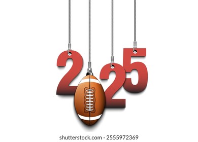 Numbers 2025 and football ball as a Christmas decorations are hanging on strings. New Year 2025 are hang on cords. Template design for greeting card. Vector illustration on isolated background