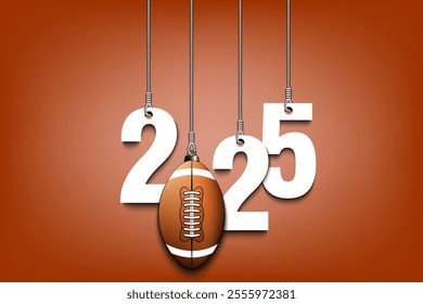 Numbers 2025 and football ball as a Christmas decorations are hanging on strings. New Year 2025 are hang on cords. Template design for greeting card. Vector illustration on isolated background