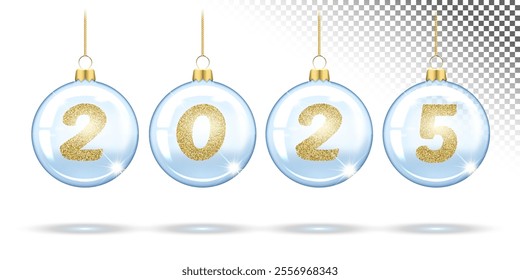 Numbers 2025 from gold glitter in Christmas transparent balls,  tree decorations. Festive layout for banners, posters, greeting cards in the New Year. 3d realistic on a transparent background. Vector.