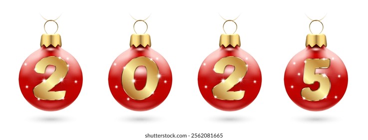 Numbers 2025 from golden confetti in New Year's red balls, Christmas tree decorations. Festive layout for banners, posters, greeting cards in the New Year.  Vector.