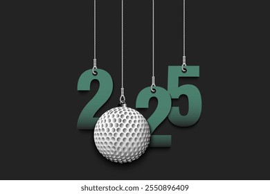 Numbers 2025 and golf ball as a Christmas decorations are hanging on strings. New Year 2025 are hang on cords. Template design for greeting card. Vector illustration on isolated background