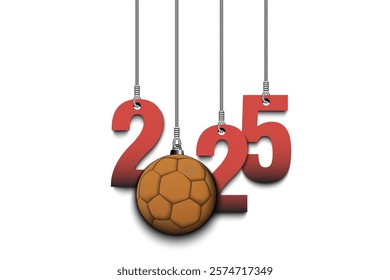 Numbers 2025 and handball ball as a Christmas decorations are hanging on strings. New Year 2025 are hang on cords. Template design for greeting card. Vector illustration on isolated background