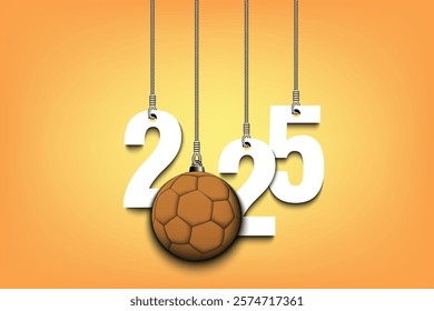 Numbers 2025 and handball ball as a Christmas decorations are hanging on strings. New Year 2025 are hang on cords. Template design for greeting card. Vector illustration on isolated background