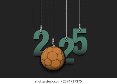 Numbers 2025 and handball ball as a Christmas decorations are hanging on strings. New Year 2025 are hang on cords. Template design for greeting card. Vector illustration on isolated background