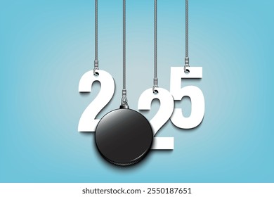 Numbers 2025 and hockey puck as a Christmas decorations are hanging on strings. New Year 2025 are hang on cords. Template design for greeting card. Vector illustration on isolated background